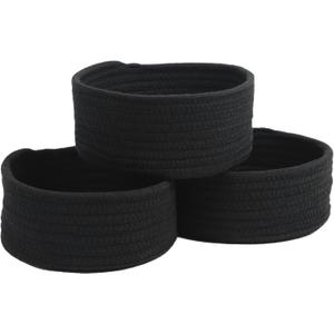 Small Basket, Set of 3 Woven Baskets, Cotton Rope Small Baskets for Organizing, Cute Mini Tiny Storage Basket for Gifts, Decorative Boho Round Bathroom Organization Bin (Black)