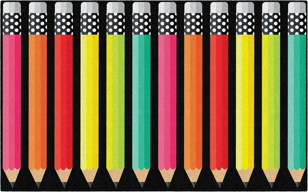 Flagship Carpets Stylish Black & White Brights Pencil Classroom Area Rug for Indoor Classroom Learning or Kid Bedroom Educational Play Mat, 7'6" x 12', Multi