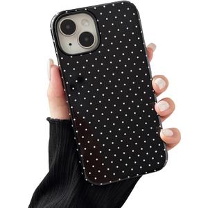 Compatible with iPhone 15 Case, Fashion Cute Polka Dot Pattern Aesthetic Design for Women, Soft TPU and Hard Back Shockproof Phone Case for iPhone 15 6.1 inch, Black