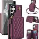 Phone Case for Samsung Galaxy S22 Ultra 5G Wallet Cell Cover with Tempered Glass Screen Protector Wrist Crossbody Strap RFID Blocking Card Holder TPU S22ultra 22S S 22 S22ultra5g 6.8 Women Dark Purple