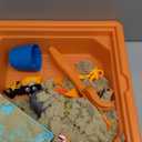 Lehoo Castle Sensory Table with Sensory Sand, Indoor Sensory Bin with Lid & 2.6lbs Play Sand, Construction Kit with 6 Alloy Trucks & Castle Molds, Sensory Toys for Toddler Boys and Girls (Orange)
