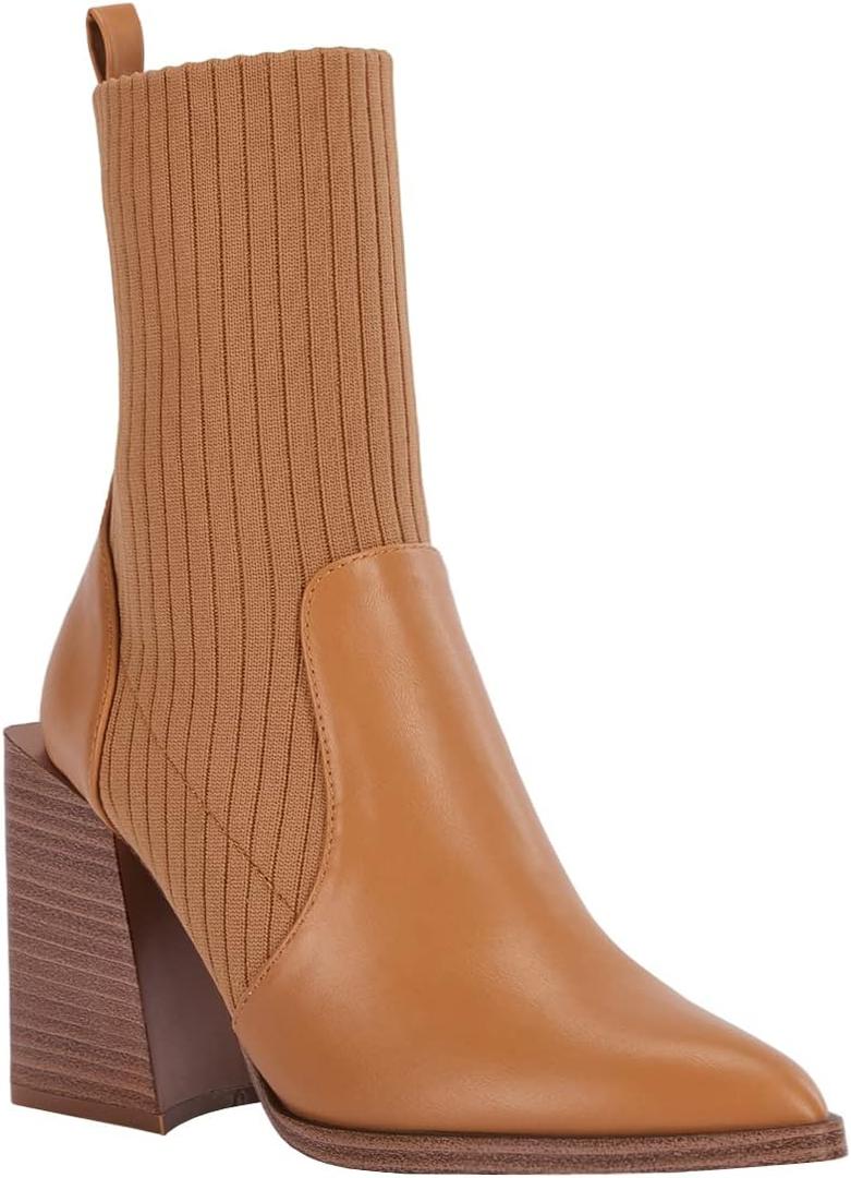 Womens Chunky Stacked Heel Ankle Boots Pointed Toe Booties Slip On Ribbed Knit Sock Boot (11, Light Brown)