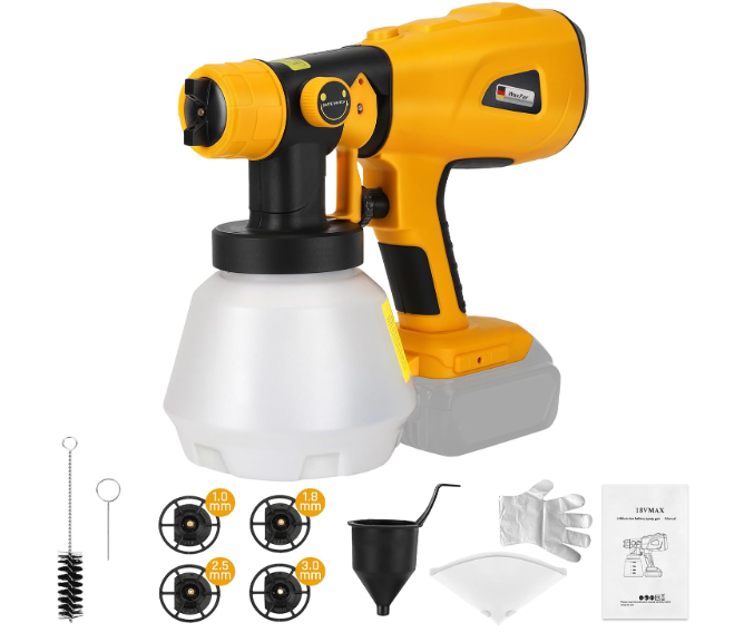 WaxPar Cordless Paint Sprayer Compatible with Dewalt 20V Battery, 200W HVLP Paint Gun 18V Paint Sprayer with Brushless Motor, 4 Copper Nozzles for DIY Fence Chairs Painting Paint Sprayer for House Painting, Yellow