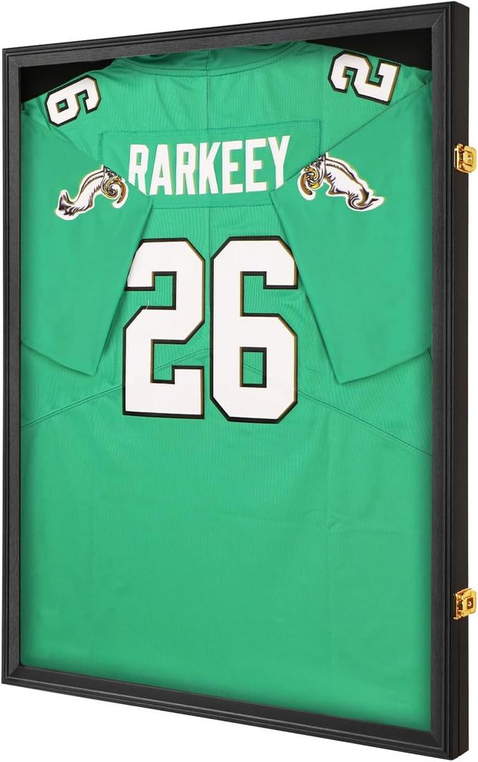 Jersey Frame Display Case for Wall ,Large Lockable T-Shirt Shadow Box with Clear UV Protection Acrylic & Hangers for Football Basketball Baseball Soccer Hockey, Matte Black 1 Pack