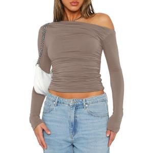Darong Women's Casual Long Sleeve Boat Neck Off Shoulder Slim Fit Crop Top Going Out Blouses Y2K Tight Shirts (Khaki), S