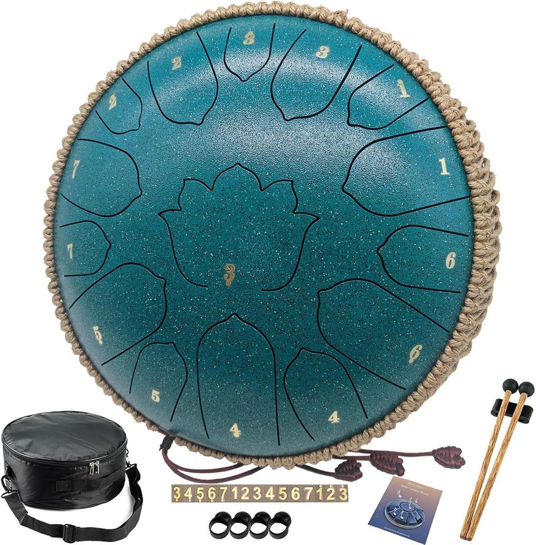 BETESINE 13-Inch 15-Note Steel Tongue Drum  C Major  Handpan Steel Drum for Meditation, Yoga & Relaxation  Includes Mallets, Music Book & Carry Bag (Malachite Green)