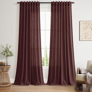 Reddish Brown Linen Curtains 90 Inch Long 2 Panels Set for Bedroom Living Room, Soft Linen Textured Window Drapes Semi Sheer Light Filtering Rod Pocket Back Tab Morden Style 52x90
