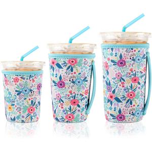 3 Pack Reusable Iced Coffee Sleeves for Iced Coffee Cups or Drinks Reusable Neoprene Insulated Sleeves for Hot and Cold Drinks from Starbucks, Dunkin, And More (White Flower Bush)