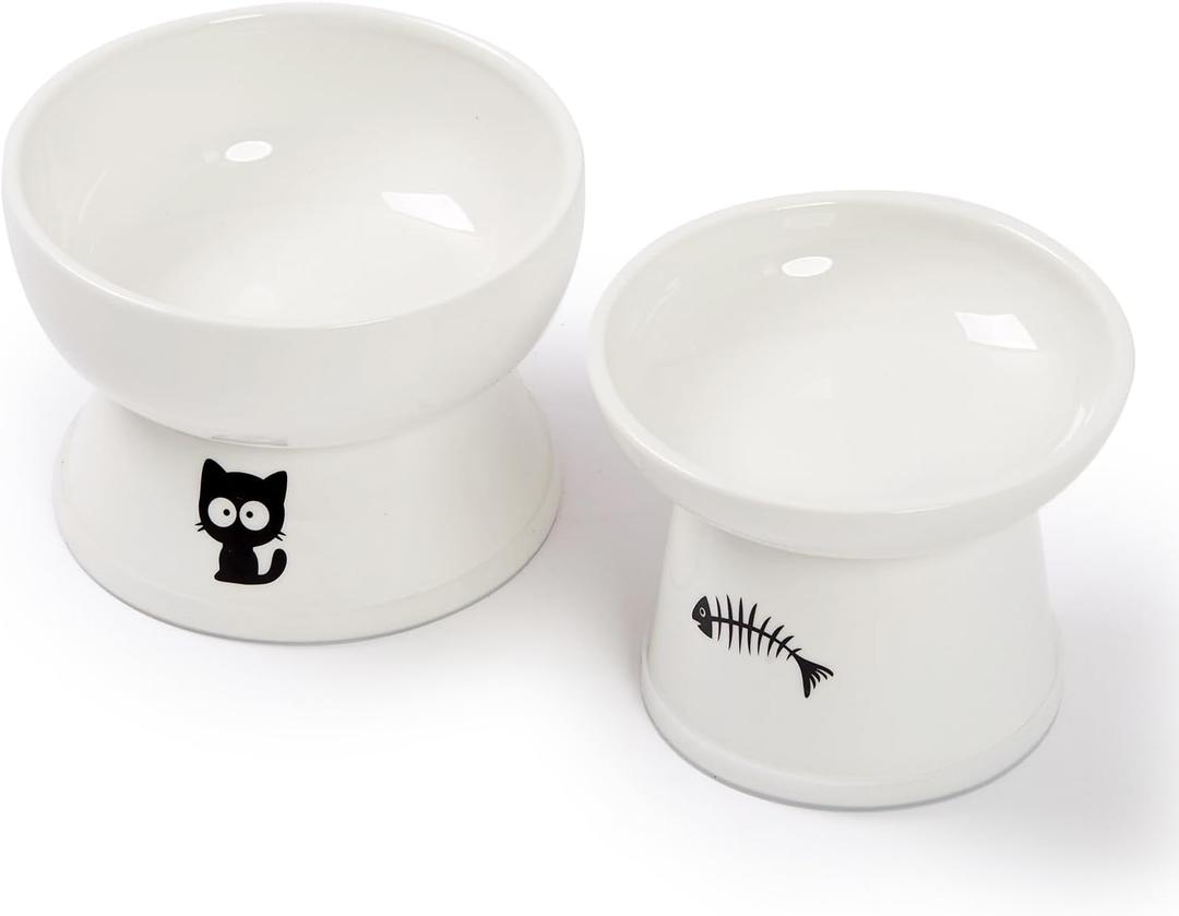 FOREYY Raised Cat Food and Water Bowl Set, Whisker Friendly Elevated Ceramic Cats Feeder Bowls with Anti Slip Ring, Anti-Vomiting Shallow High Porcelain Pet Kitten Dish, Dishwasher Safe(White)