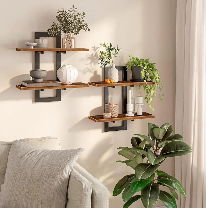 HOOBRO Floating Shelves, 15 Inch Wall Shelf Set of 2, Wall Mounted Storage Shelves 2-Tier, Hanging Bathroom Shelves, for Living Room, Bedroom, Bathroom, Kitchen, Rustic Brown and Black BF32BJ01