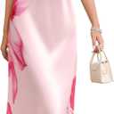 Women's Summer Satin Dress Elegant Cowl Neck Adjustable Spaghetti Strap Wedding Guest Cocktail Party Maxi Dresses (Floral Pink)