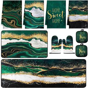 10 Pcs Kitchen Dish Towels Rugs Oven Mitts and Pot Holders Kit Farmhouse Kitchen Decor Set Gloves Vintage Potholders for Baking Cooking Chef(Green,Modern)