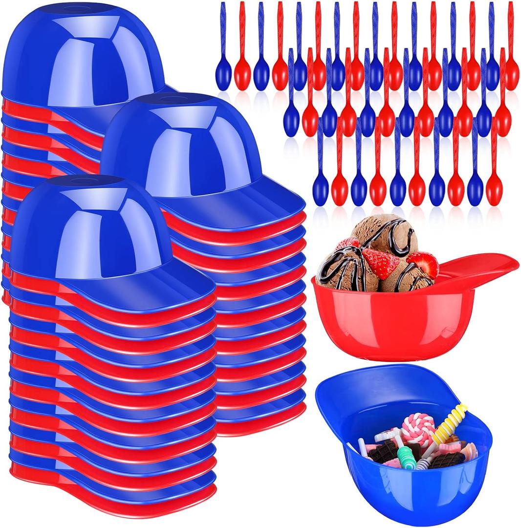 Sieral 36 Count Summer Baseball Helmet Snack Ice Cream Bowl 8 oz Mini Baseball Cap Plastic Dessert Sundae Candy Bowls with 36 Spoons for Kids Birthday Sports Party Supplies(Red, Dark Blue)