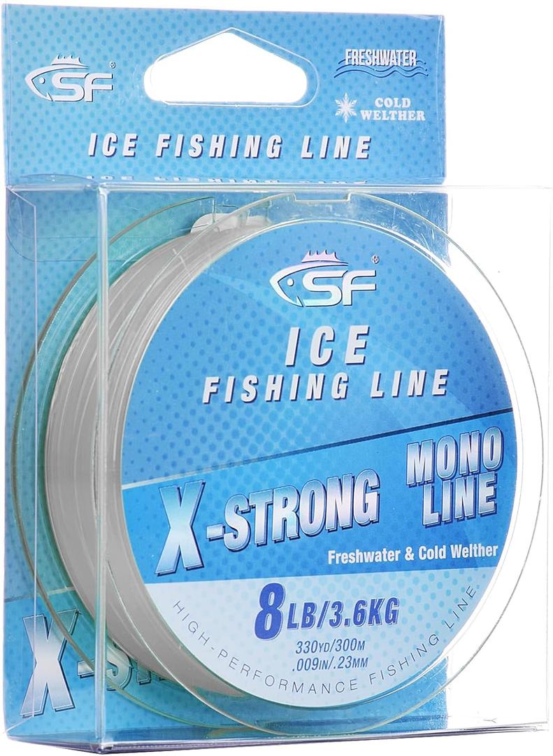 SF X-Strong Monofilament Ice Fishing Line with Spool Mono Line 3/4/6/8LB 330YD/300M Clear/Fluor Green Fishing Wire Freshwater