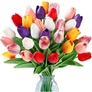 Sggvecsy 30 Pcs Fake Tulips Artificial Flowers Real Touch PU Faux Flowers Tulip Stems for Wedding Spring Bouquet Floral Arrangement Party Home Office Decorations for Mother's Day (Multi Colors)