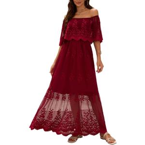 Women's Off The Shoulder Embroidered Lace Maxi Wedding Dress Boho Wedding Guest Formal Party Maternity Photoshoot Dresses (Red, XXL)