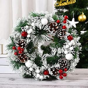Christmas Wreath for Front Door Snowflake Snow Ball Pinecone Ornaments Wreath for Winter Holiday Christmas Party Decorations