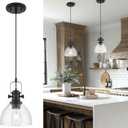 Black Pendant Lights Kitchen Island, 7.5" Farmhouse Pendant Lighting with Clear Seeded Glass Shade, Vintage Hanging Light Fixtures for Dining Room, AD-22151-1P-BK