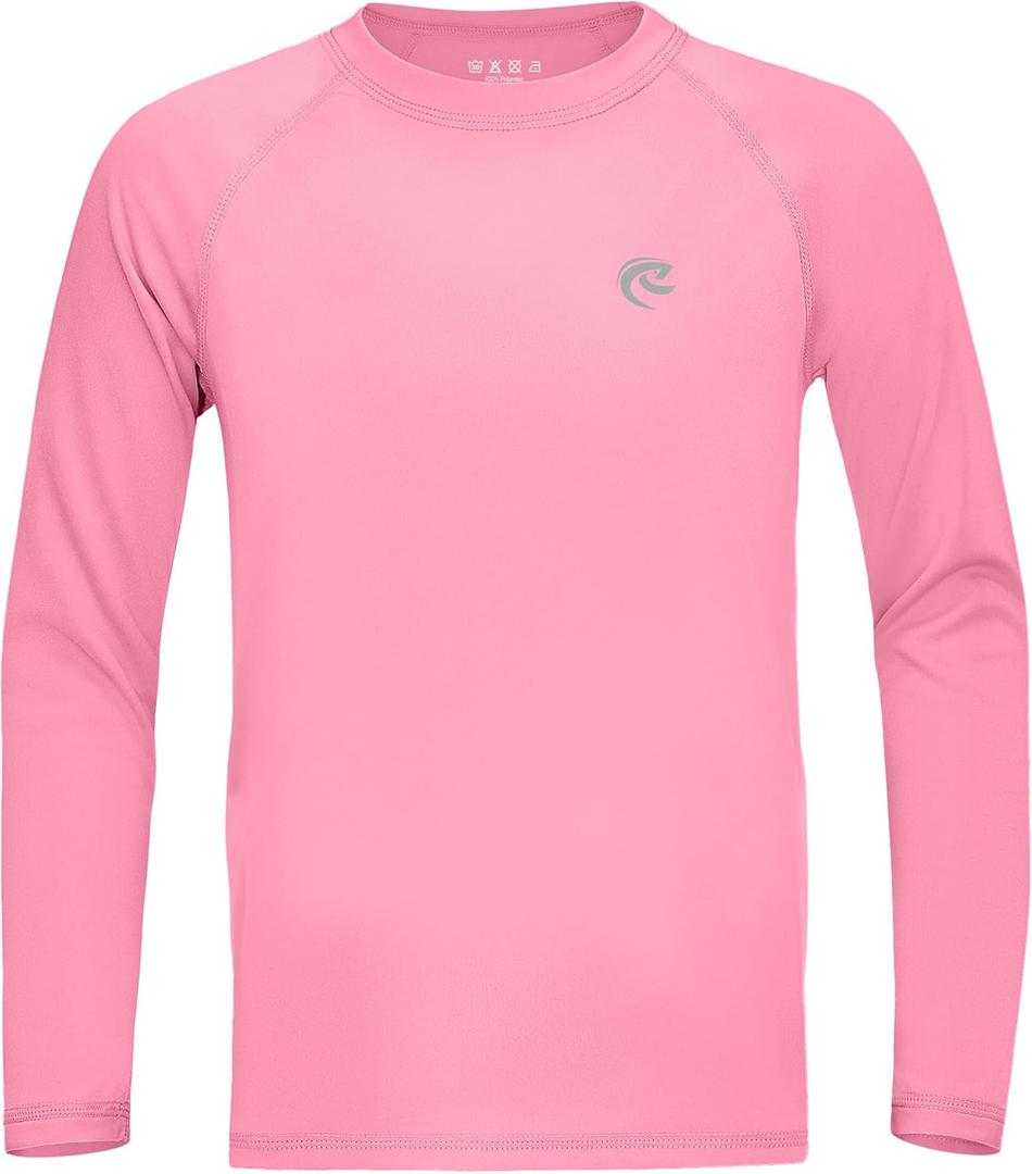 Boys UPF 50+ Swim Shirt Long Sleeve, 1 or 2 Pack UV Sun Protection Rash Guard, Youth Kids SPF Water Shirts for Beach Surf (Pink)