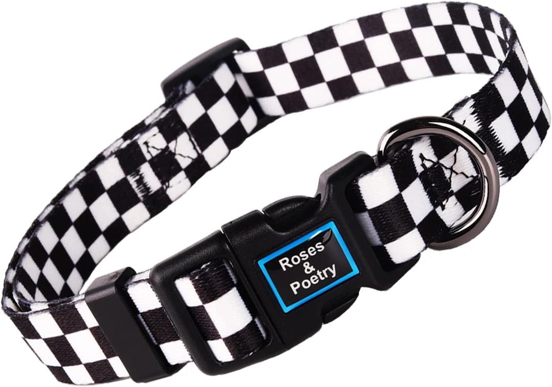 Roses&Poetry Dog Collar with Colourful Checkered Patterns, Adjustable Durable Puppy Collars for Small Medium Large Dogs (Black & White-XS)