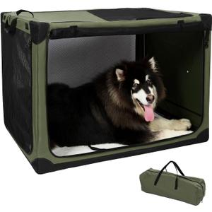 Pettycare Portable Travel Dog Crate 4-Door Soft Sided 42 Inch Collapsible Dog Crate with Curtains Durable Mesh Foldable Pet Kennel Soft Crates for Large Dogs Indoor & Outdoor Olive Green (42.0"L x 31.0"W x 31.0"H)