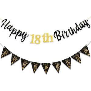 18th Birthday Decorations Banner Boys Girls, Black Gold Happy 18thBirthday Banners for Girls Boys (Birthday 18th)