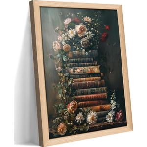 Vintage Floral Wall Art, Moody Dark Academia Flower Canvas Print, Rustic Wildflower Framed Artwork, Antique Botanical Decor for Living Room Office 12x16 Ready to Hang