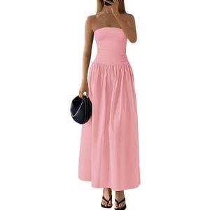PRETTYGARDEN Women 2026 Summer Elegant Strapless Maxi Dress Tube Top Dress A Line Flowy Long Wedding Party Cocktail Dresses (Pink, XS)