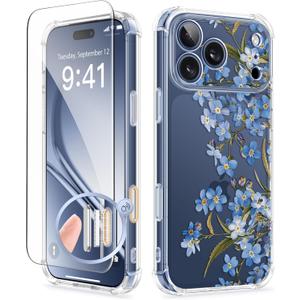 GVIEWIN for iPhone 17 Pro Case with Screen Protector, Upgraded [Full Camera Protection] [Non Yellowing] Floral Slim Shockproof Clear Women Phone Cover for iPhone 17 Pro 6.3" (Aconite/Blue)