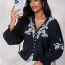 Milumia Women's Floral Embroidery Puff Long Sleeve Blouse Boho Button Front V Neck Shirt Tops (L)