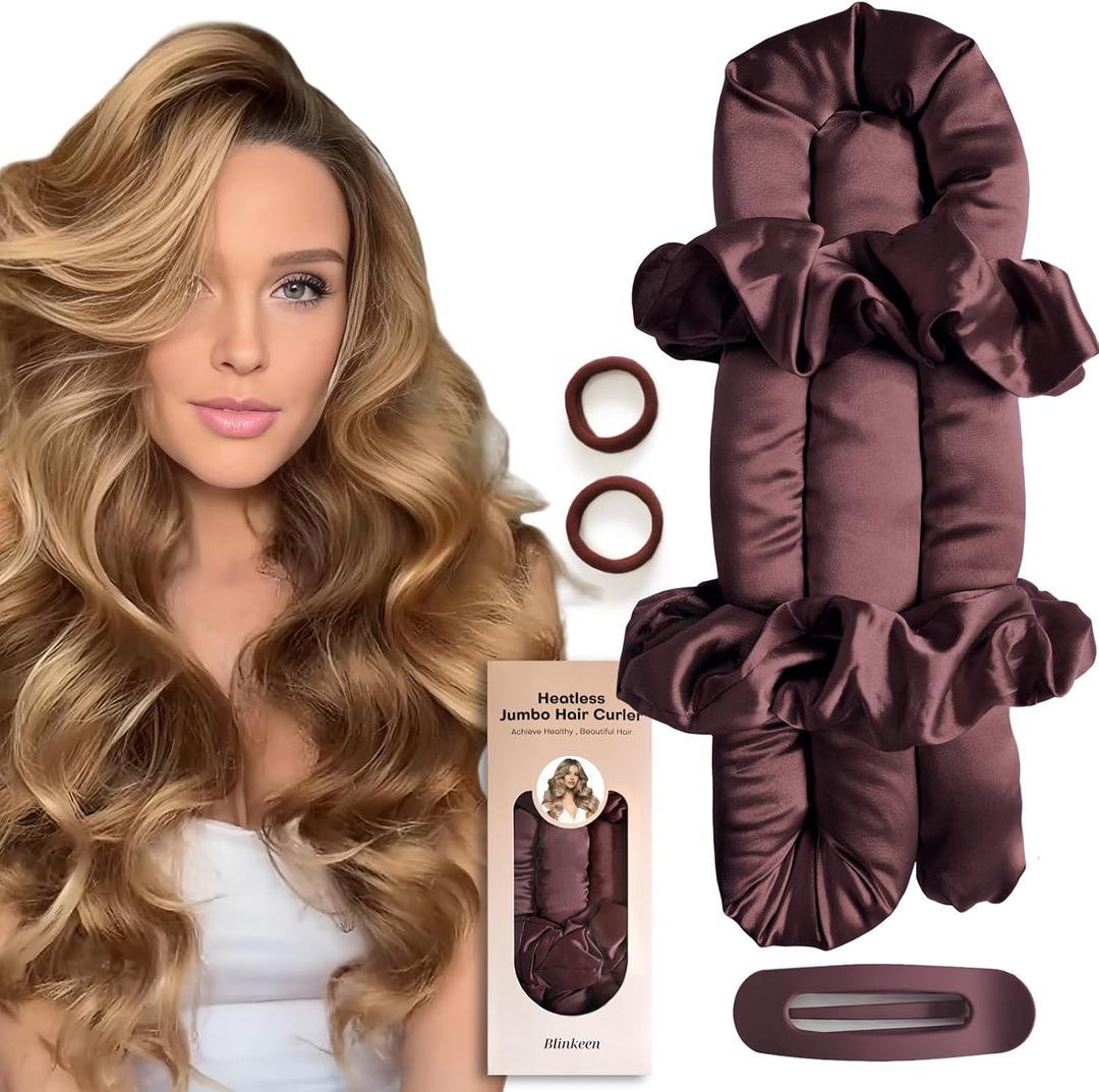 Jumbo Heatless Hair Curler Set-Satin Heatless Curls Overnight, Jumbo Curling Rod Headband, No Heat Curlers To Sleep in (Burgundy)