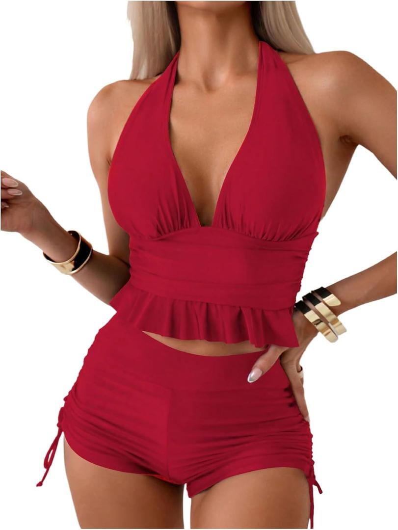 OYOANGLE Women's 2 Piece Tankini Set Two Piece Ruffle Bathing Suits Ruched Halter Swimsuits with Shorts (Medium, Red)
