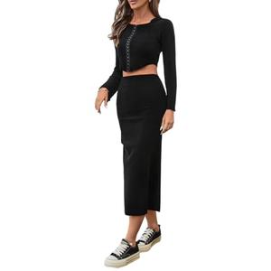 olrain Y2K Women 2 Piece Outfits Long Sleeve Boat Neck Crop Top High Waist Slit Bodycon Skirt Sets Ribbed Knit Spring Fall (Black, Small), S