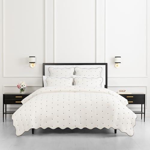 kate spade new york Scalloped Edge 3-Piece Full/Queen Quilt Bedding Set, 100% Cotton Reversible Cover, All Season Warmth Bedding, Machine Washable, Marshmallow