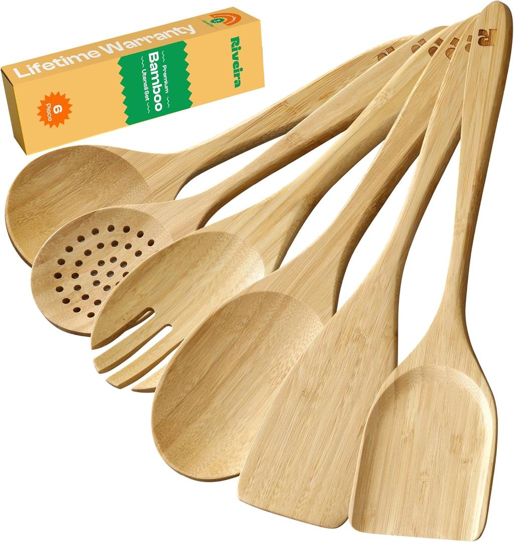 Riveira Brown Bamboo Wooden Cooking Utensils Set of 6 Natural Bamboo Wooden Spoons, Spatula, Non-Toxic, Heat-Resistant, Eco-Friendly