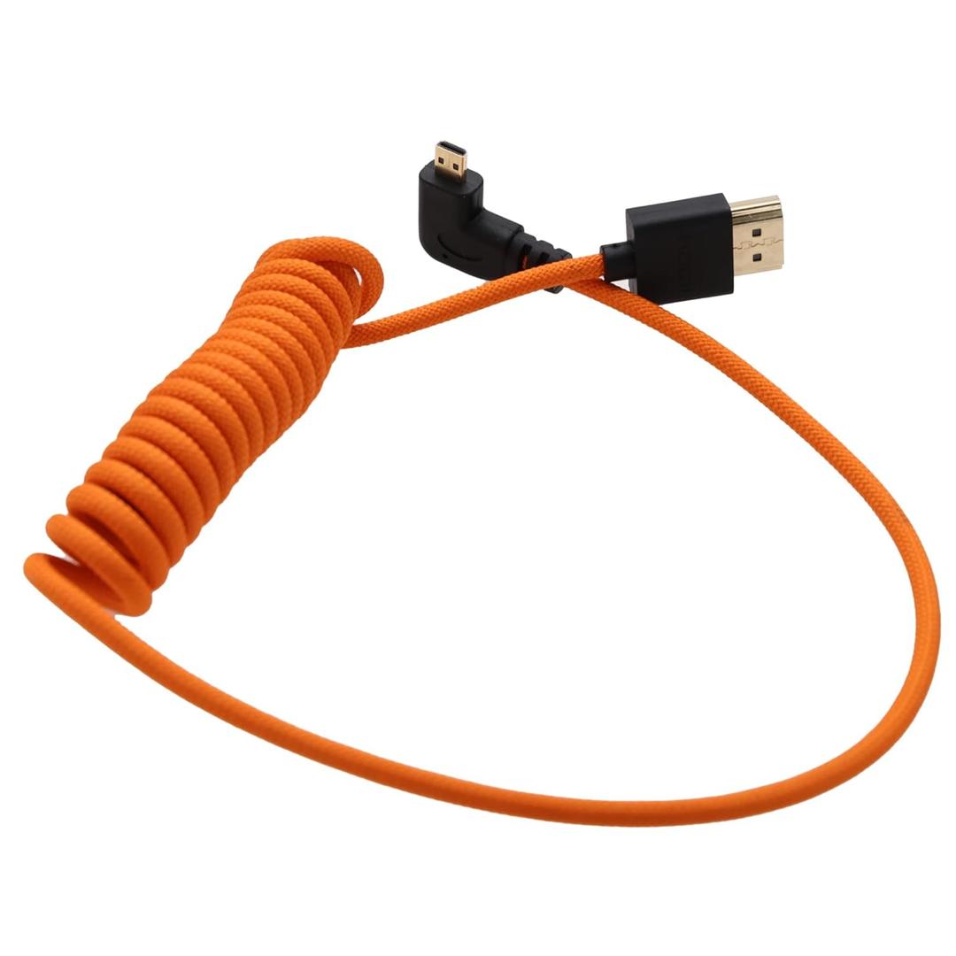 Micro HDMI 4K 8K 60P Raw Cable for ATOMOS Ninja V Portkeys Monitor Canon R5C R6 Sony A7CII A7CR ZV-E1 GH4 S9 Z50 XT50 Camera, Right Angle Type A D HDMI2.1, Orange Spiral 50cm