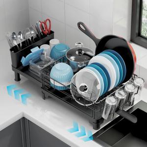 GSlife Expandable Dish Drying Rack - Large Dish Racks for Kitchen Counter with Pan Slot, Anti-Rust Sink Dish Drainer with Drainboard and Utensil Holder, 18.7"-25.2" L x 12.6" W, Black