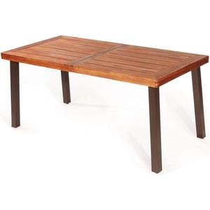 Patio Dining Table with Umbrella Hole, Outdoor Picnic Table for Backyard, Garden, Lawn, Farmhouse, Acacia Wood Rectangular Table with Metal Legs, Rustic Brown