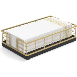 Wican Guest Towel Holder Tray for Bathroom, Oak and Iron Napkins Holder for Powder Room Dinning Table Wooden Basket for Disposable Paper Hand Towels Gold and Black (9.06 x 5.51 x 2.56 inches)