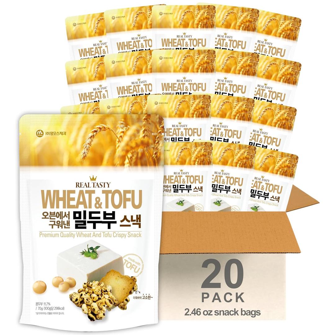 Mammos Premium Quality Wheat and Tofu Crispy Snack - Korean Savory Snack, Oven-Baked, Made with Tofu, 6.7g Protein per Bag, Only 110 Calories per Serving, 2.47 oz per Bag (Pack of 20)