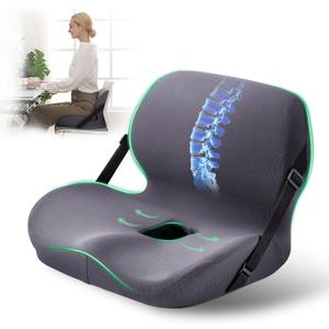 EGOHOME L-Shaped Seat Cushion for Office Chair & Car, Memory Foam Coccyx Cushion with Lumbar Support - Relieves Tailbone, Sciatica, Lower Back Pain, Adjustable Strap & Non-Slip Bottom, Grey