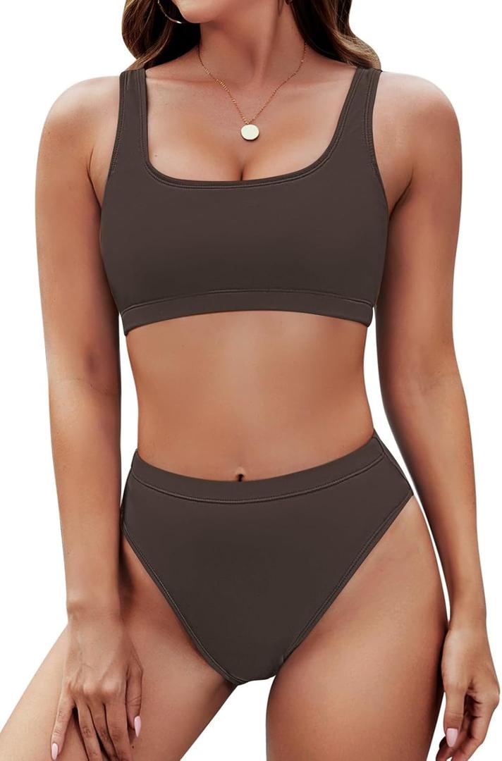 Pink Queen Women's Crop Top High Waisted Cheeky Bikini Set Two Piece Swimsuits (Large, 02 - Dark Brown)