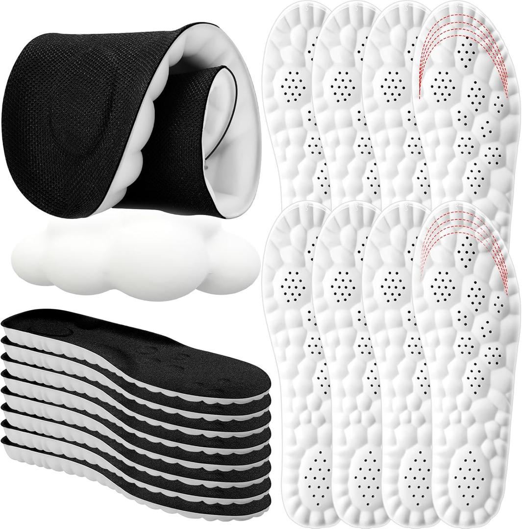 Skicuff 8 Pairs 4D Cloud Insoles for Men Women, Soft Inserts Foam Cushioned Insoles Breathable Anti-Fatigue Inserts for Pain Relief, Sports Walking, Trim to Fit(Men,US 7.5-10.5,Black)