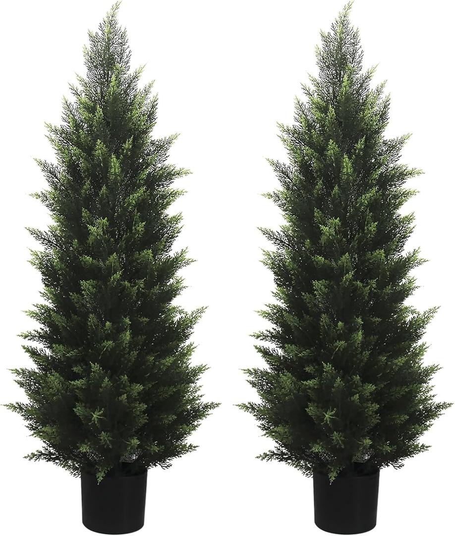 4FT Artificial Cedar Topiary Tree Lifelike Faux Cedar Pines Christmas Trees UV Rated Faux Shrubs Everygreen Plants for Front Porch Outdoor Decor Set of 2