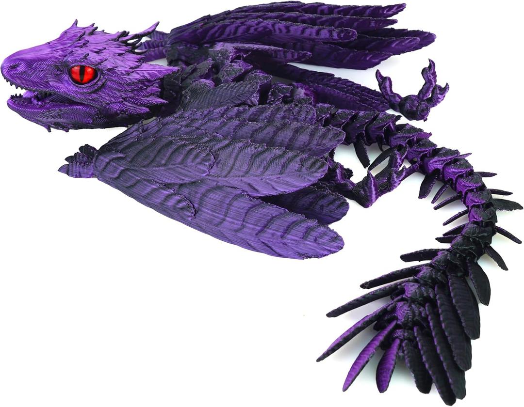 Feathered Wyvern Dragon, 3D Printed Dragon Fidget Toy,Flexible Articulated Dragon,3D Printed Toys, Desktop Pet (13.5 in, Black Purple)
