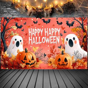 Pink Halloween Decor Happy Halloween Kids Banner, 4x6 ft Night Party Decorations, Spooky Indoor Ghost Banner (White Ghost)