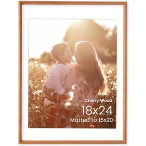 18x24 Picture Frame, Solid Cherry Wood 18x24 Frame with mat for 16x20, Real HD Tempered Glass, for Wall Display, Wall Hook Included, Set of 1
