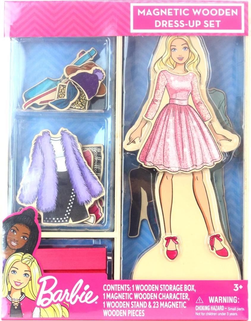 Barbie Magnetic Wooden Dress Up Toy  Pretend Play Set with Wooden Barbie Doll, Mix & Match Outfits & Storage Box  Educational Magnetic Toy for Girls Ages 3+
