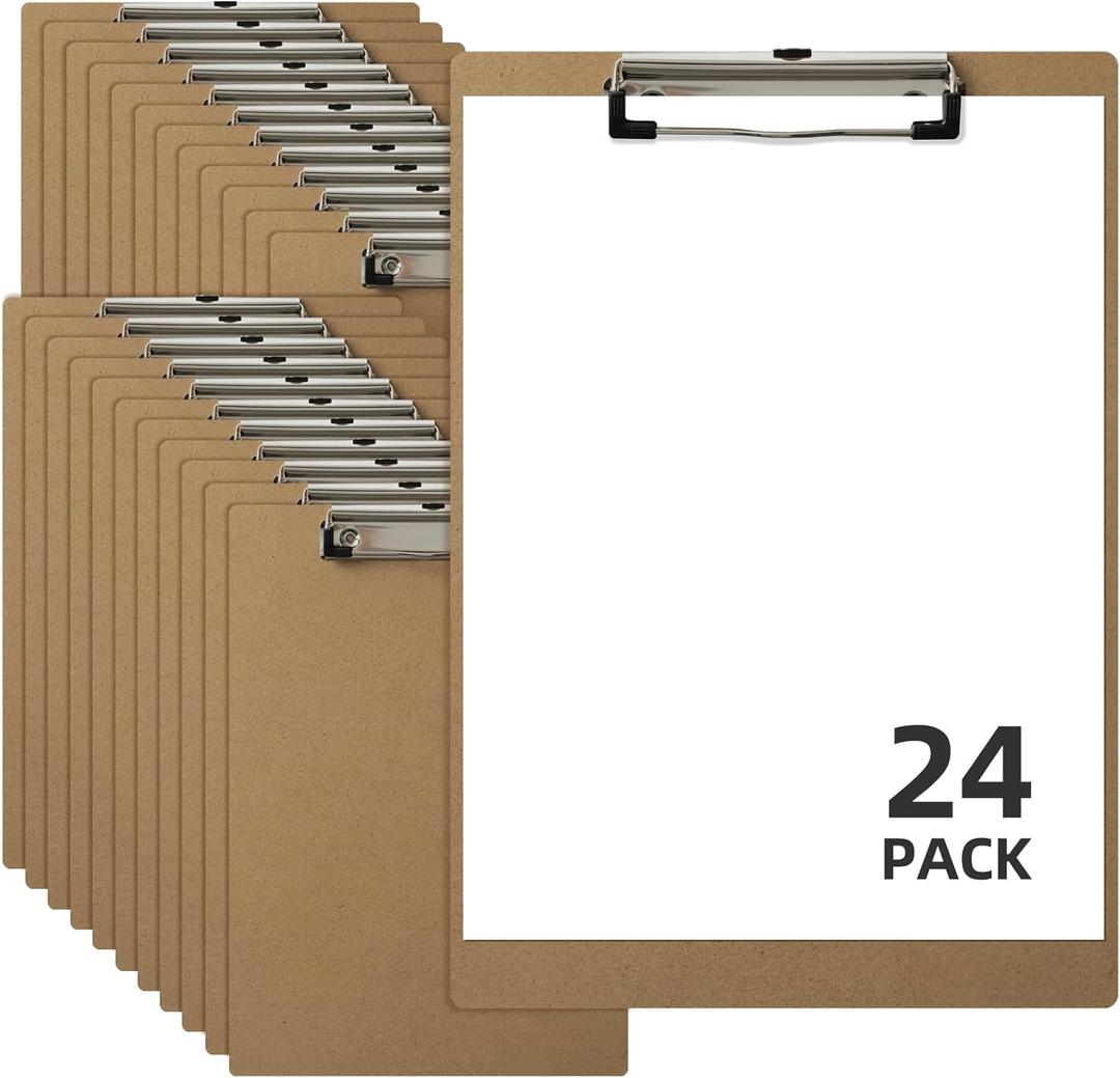 HappyHapi 24 Pack Clipboard 8.5 x 11 Letter Size Clip Boards Bulk, A4 Wooden Hardboard Office Clipboards Pack for Classroom, Work-Meetings, Brown