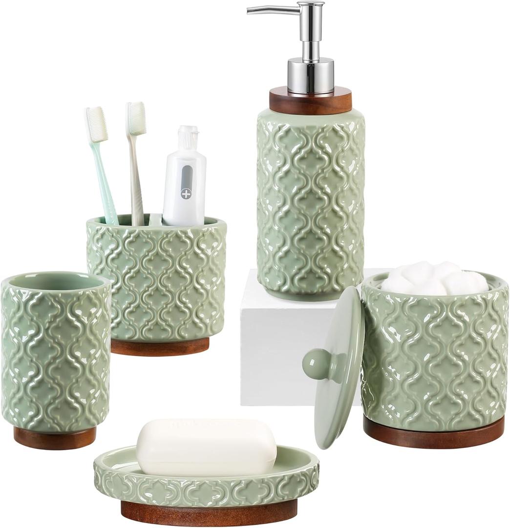 Bathroom Accessories Set 5 Pieces Toothbrush Holder Soap Dispenser Ceramic Bathroom Accessory Set Contain Cotton Swab Jar Toothbrush Cup Soap Dish Tumbler Green